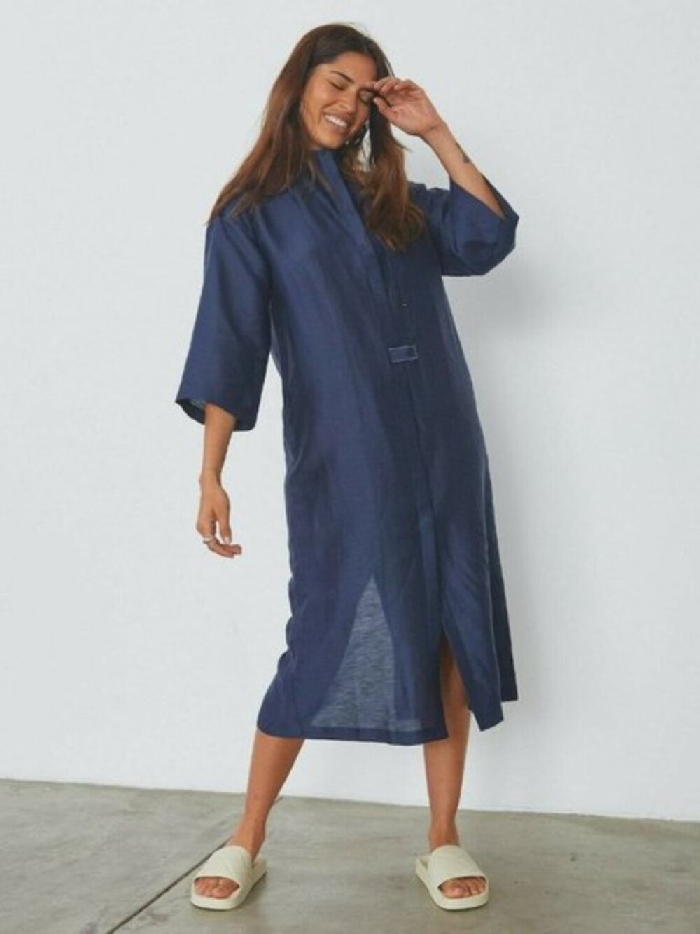 Lunya Linen Linen/Cotton/Silk Long Tunic Robe Navy Large
